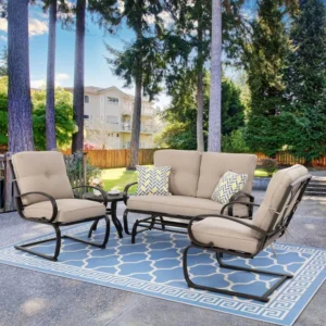 4 Pieces Outdoor Metal Conversation Set with Spring cushion Chairs, Loveseat couch & Coffee Table for Yard, Lawn, Pool