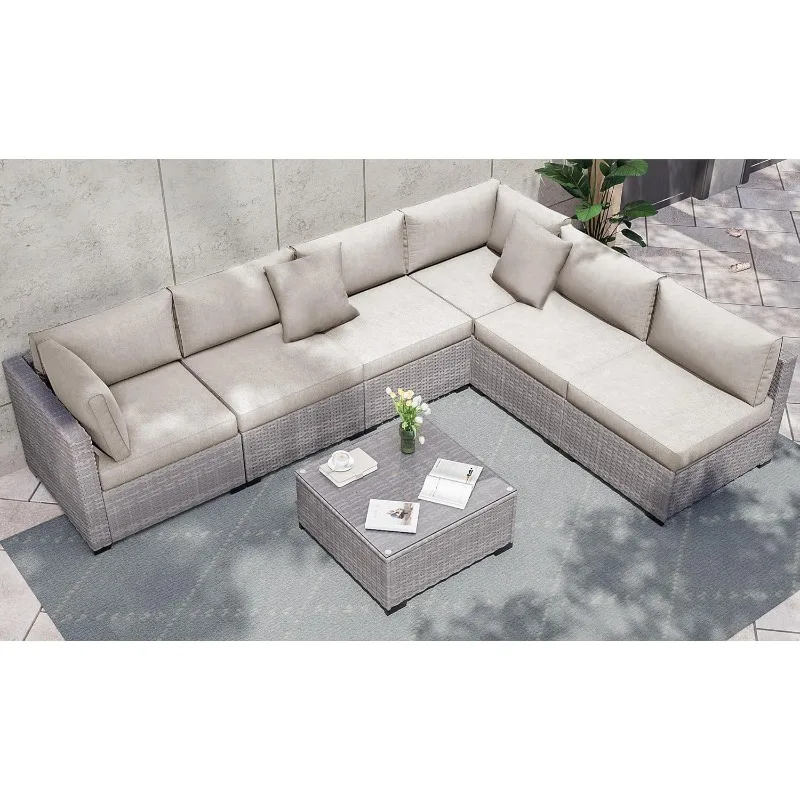 KIGOTY Patio Furniture Set 7 Pieces Conversation Sets, Outdoor Sectional Sofa, All-Weather PE Rattan Modular Sofa