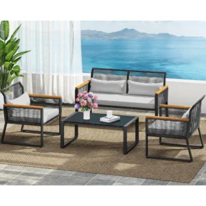 4-Piece Outdoor Wicker Patio Conversation Furniture Set, All-Weather Wicker Bistro Rattan Loveseat Set with Wooden Armrests, Me