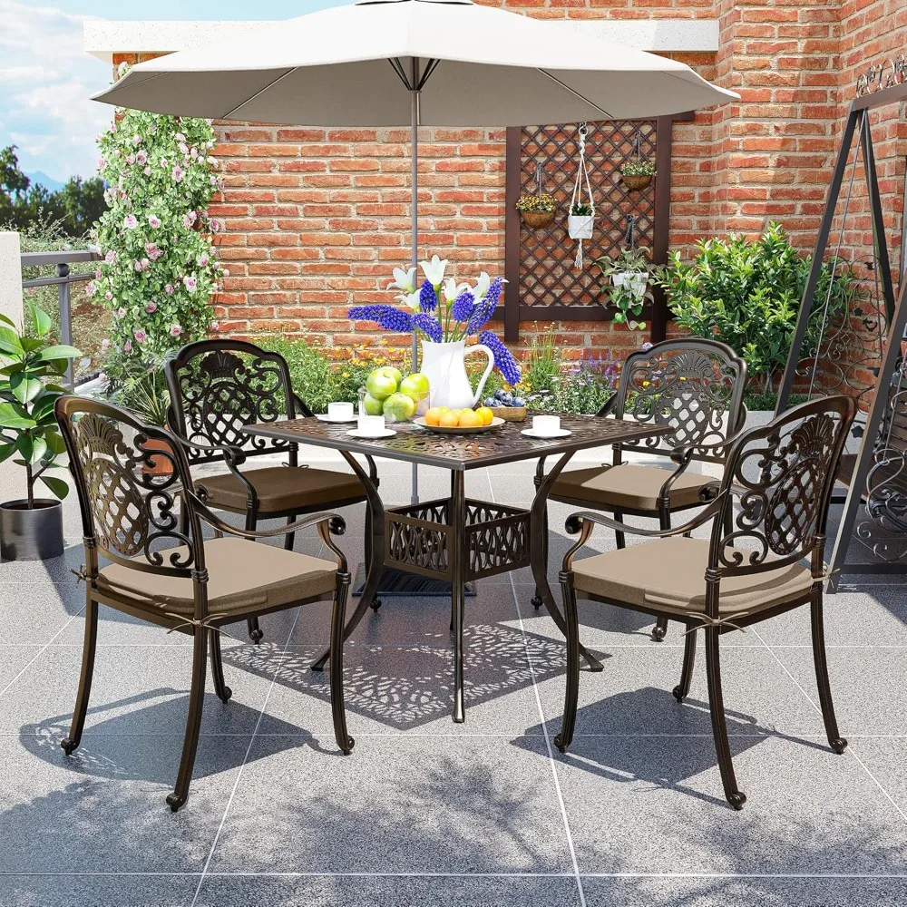 5-Piece Patio Dining Set, Outdoor Cast Aluminum Furniture Set with Vintage Table Top, Outdoor Furniture Set
