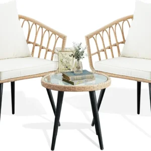 Outdoor Wicker Apartment Balcony Furniture Sets, Rattan Table and Chairs Set of 2 for Porch Backyard Lawn Poolside Deck, Beige