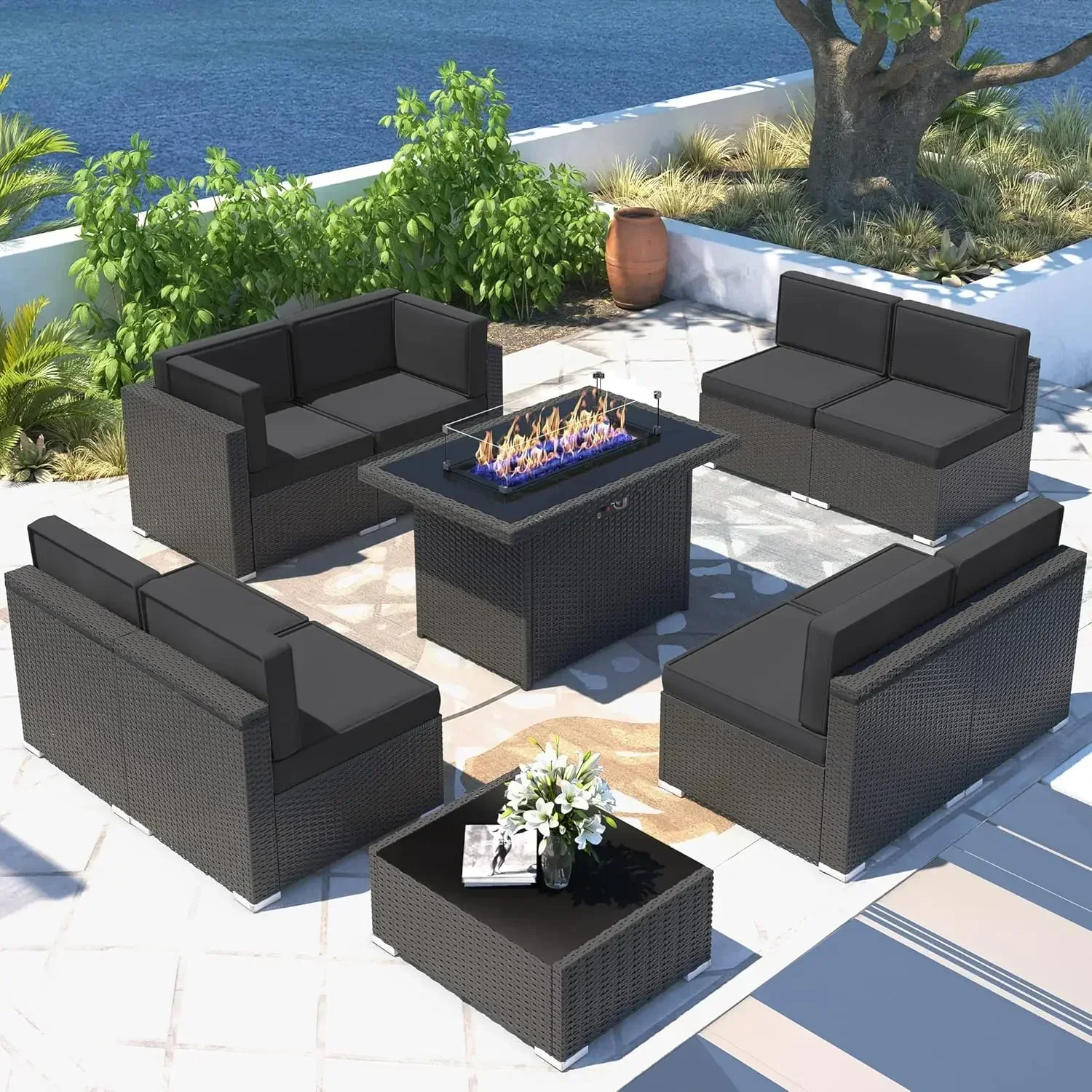 Patio Furniture Set Fire Pit Table, Outdoor Sectional Wicker Conversation Sofa Sets patio furniture patio furniture set