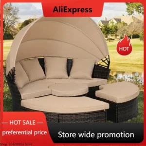 NEW Outdoor Patio Daybed with Retractable Canopy, Wicker Rattan Sectional Round Sofa Furniture Set, 5 Pieces Seating Separates
